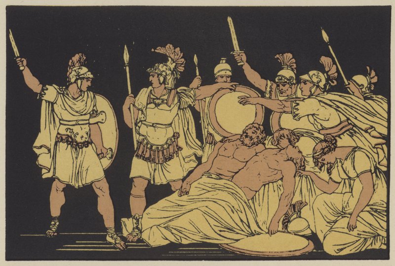 Turnus sobre los cuerpos de Almo y Galaesus (litografía en color) de English School