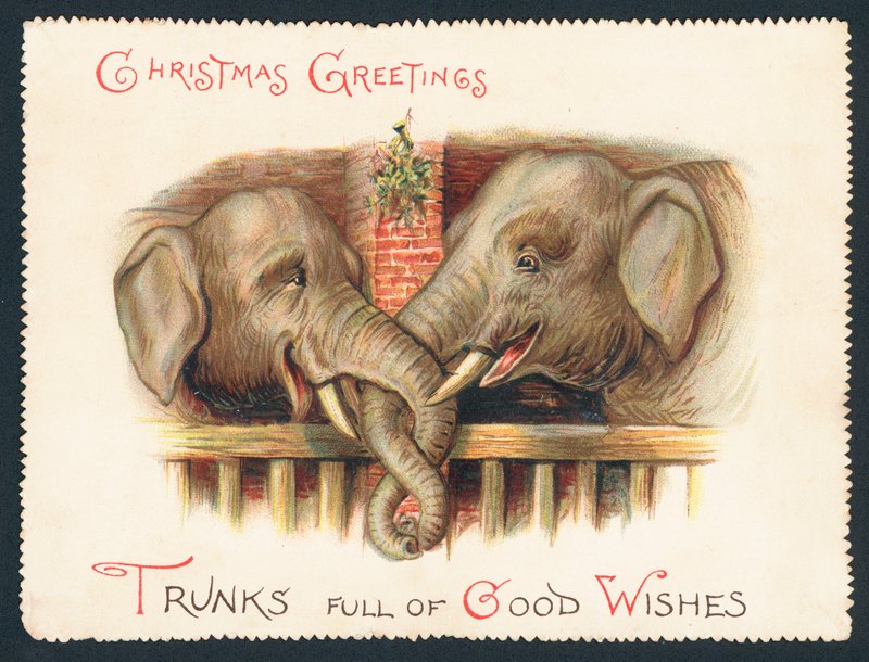 Dos elefantes con trompas entrelazadas, tarjeta de Navidad de English School