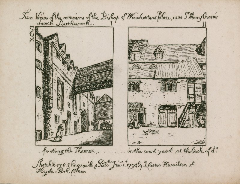Dos vistas de los restos del Palacio del Obispo de Winchester de English School