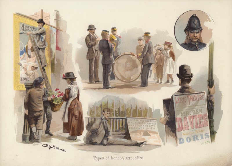 Tipos de vida callejera londinense: cartero, vendedor de flores, músicos, mendigo, hombre del bocadillo, policía (cromolito) de English School