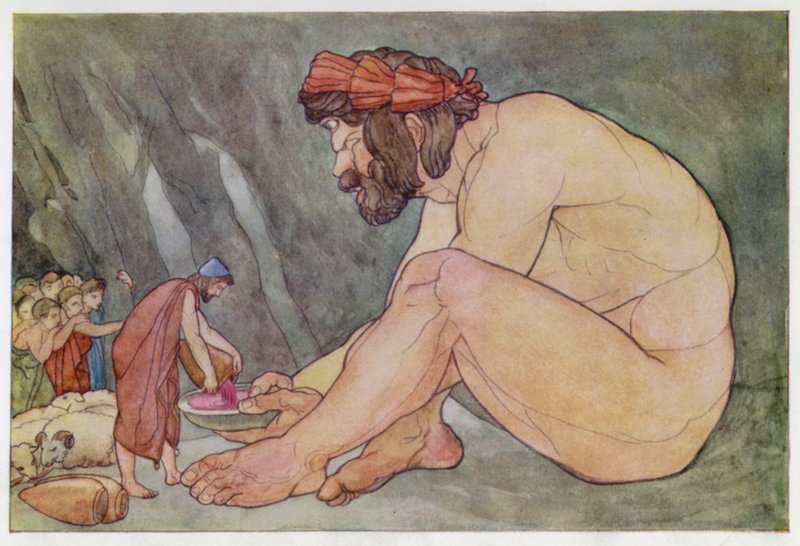 Ulises dando vino a los cíclopes (litografía en color) de English School