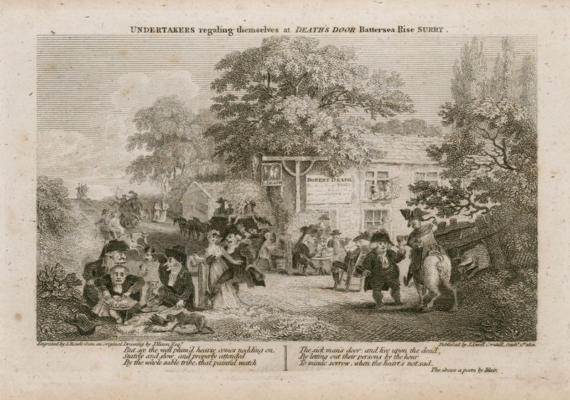 Empresarios de pompas fúnebres disfrutando en la puerta de la muerte, Battersea Rise, Surrey de English School