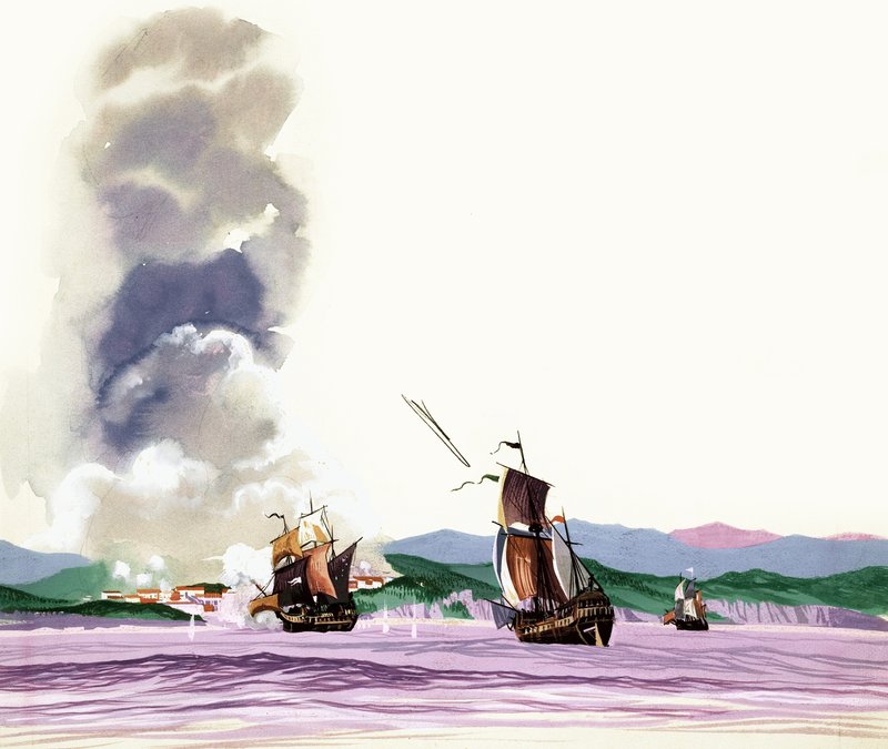 Batalla no identificada con barcos de vela disparando a la costa y fuego siendo devuelto de English School