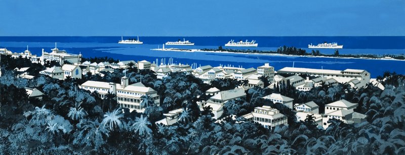 Línea costera no identificada con pueblo y barcos en el horizonte de English School