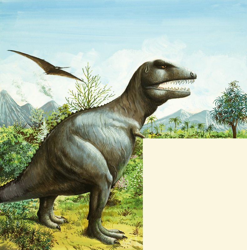 Escena de dinosaurios no identificada con T Rex y Pterodáctilo de English School