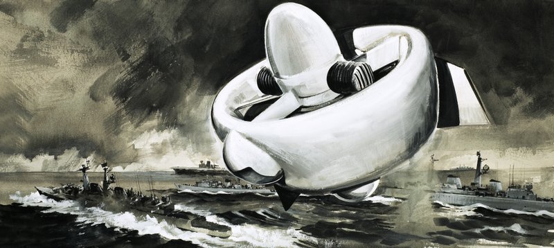Aparato volador no identificado se eleva por encima de los barcos en el mar (era WW2) de English School