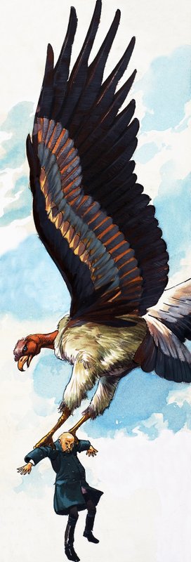 Ilustración de cuento popular sin identificar de un hombre transportado por un pájaro gigante de English School