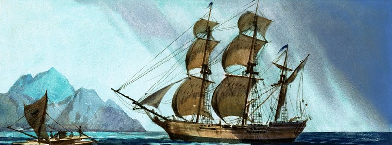 Barco de vela no identificado acercándose a una isla de English School