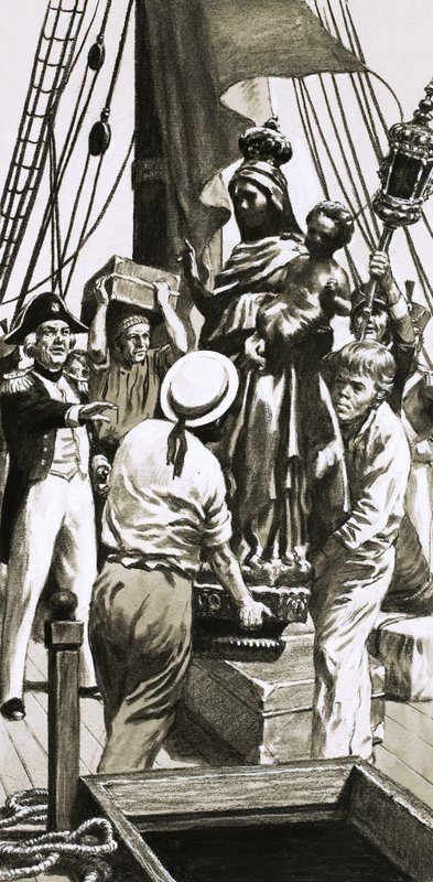 Escena de un barco de vela no identificado cargando mercancía de English School