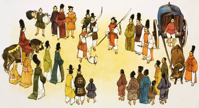 Escena no identificada de pregonero japonés haciendo un anuncio a la multitud de English School