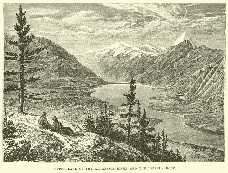 Lago superior del río Athabasca y la roca del sacerdote de English School
