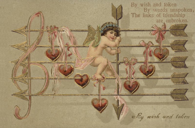 Tarjeta de San Valentín, con Cupido, flecha y partitura musical de English School