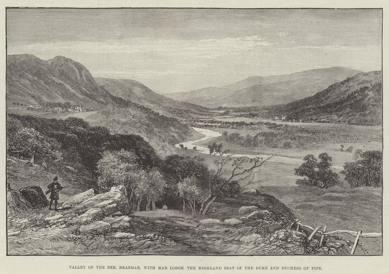 Valle del Dee, Braemar, con Mar Lodge, la Residencia de las Tierras Altas del Duque y la Duquesa de Fife (grabado) de English School