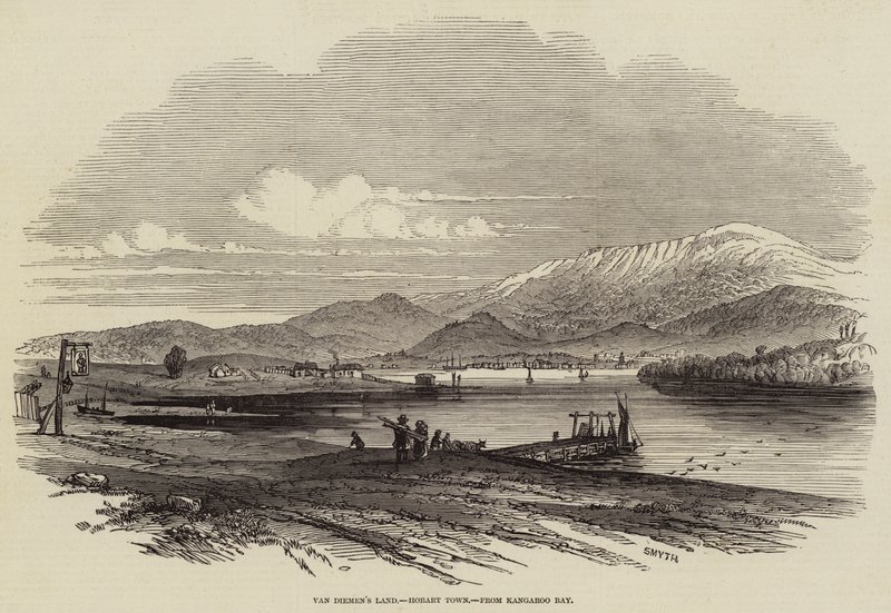 Tierra de Van Diemen, Hobart Town, desde Kangaroo Bay (grabado) de English School