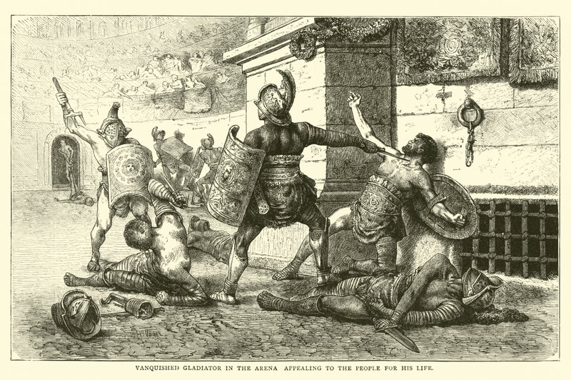 Gladiador vencido en la arena apelando al pueblo por su vida de English School