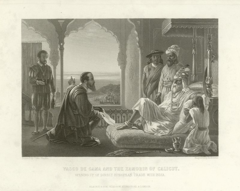 Vasco da Gama y el Zamorin de Calicut, 1498 de English School