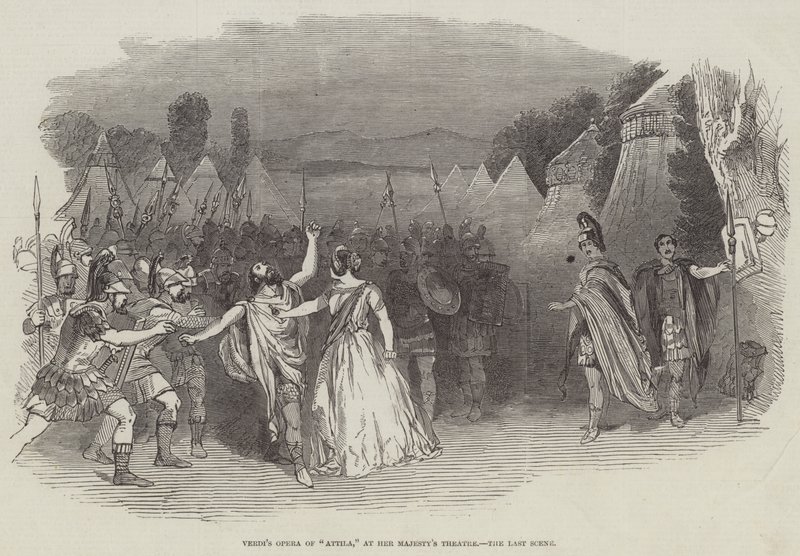 Ópera de Verdi "Attila," en el Teatro de Su Majestad, la Última Escena de English School