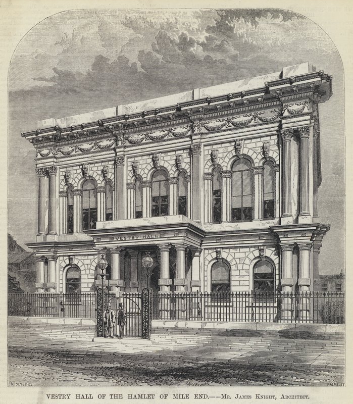 Vestry Hall del Hamlet de Mile End (grabado) de English School