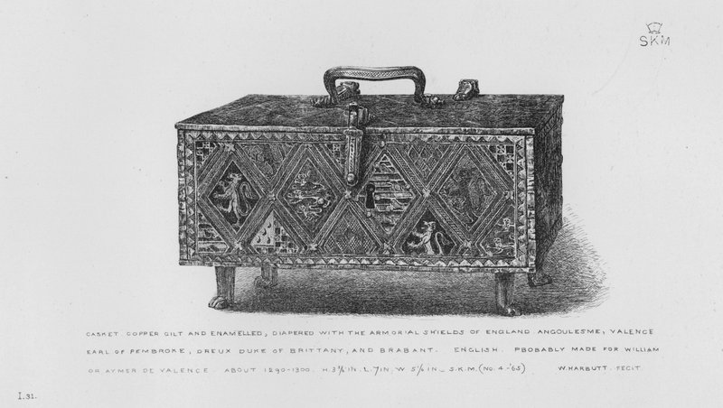 Museo Victoria y Alberto: Cofre, cobre dorado y esmaltado, con los Escudos de Armas de Inglaterra, Angulema, Valence, Conde de Pembroke, Dreux Duque de Bretaña y Brabante, inglés, probablemente hecho para William o Aymer de Valence, alrededor de 1290-13 de English School