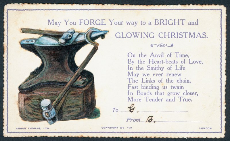 Tarjeta victoriana de Navidad con yunque y martillo de English School