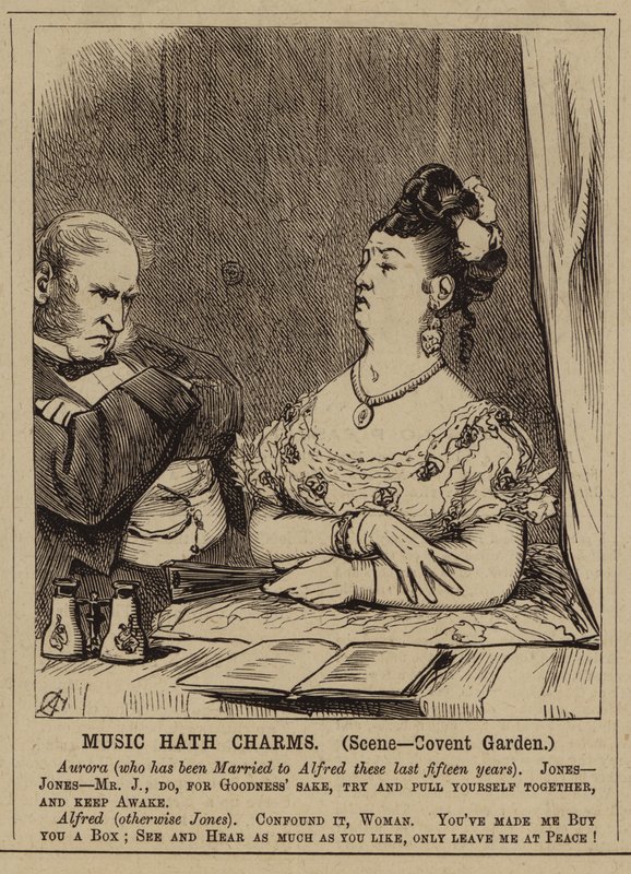 Pareja victoriana en Covent Garden Opera House, Londres (grabado) de English School