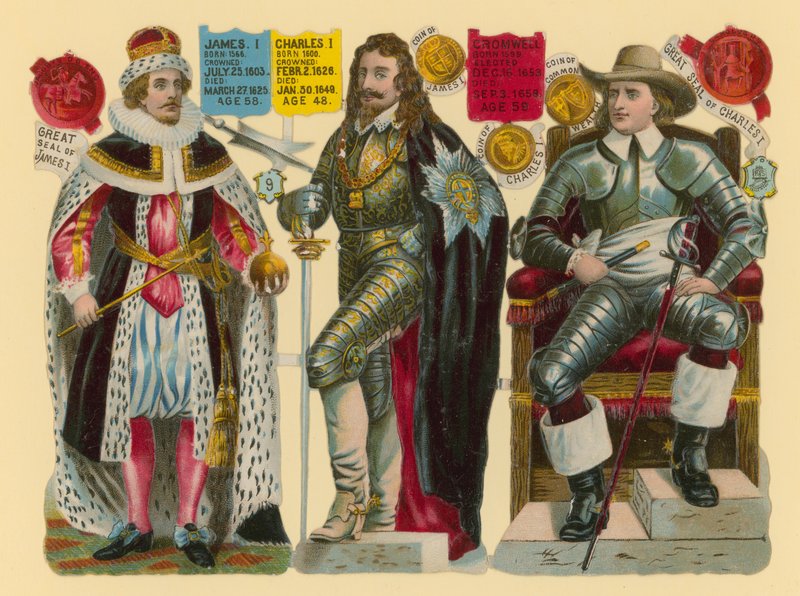 Recorte victoriano: Rey Jacobo I, Rey Carlos I, Oliver Cromwell de English School