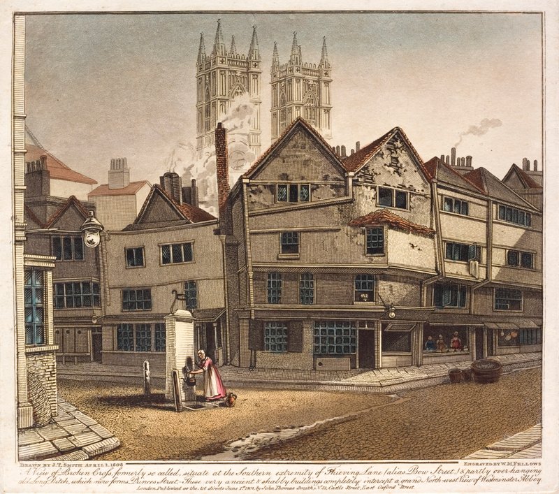 Vista de Broken Cross, al final de Thieving Lane, Westminster, Londres de English School