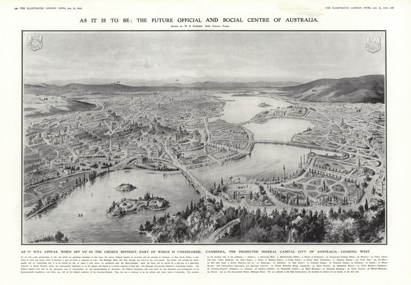 Vista de Canberra, propuesta capital federal de Australia, 1913 de English School