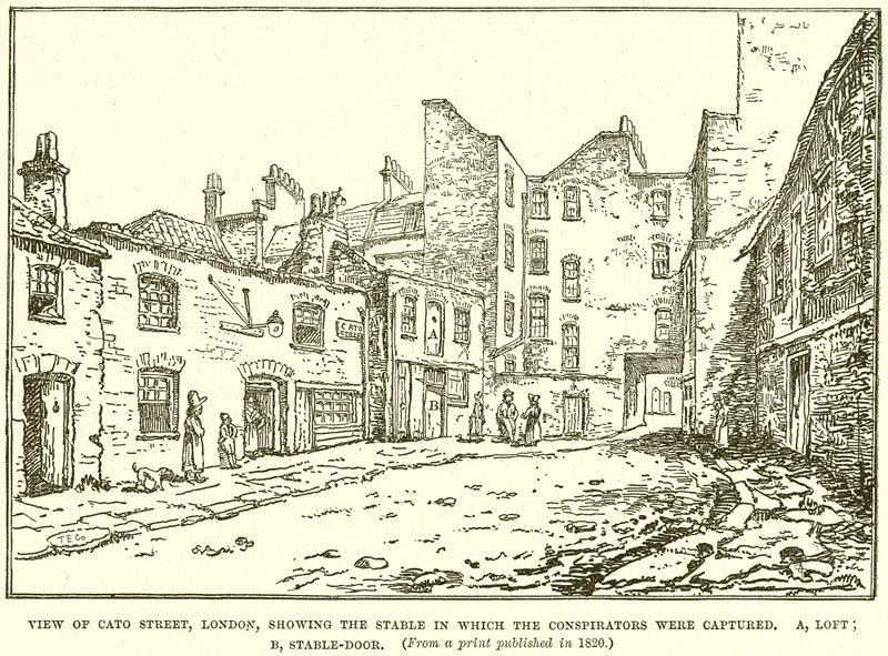 Vista de Cato Street, Londres, mostrando el establo donde fueron capturados los conspiradores de English School