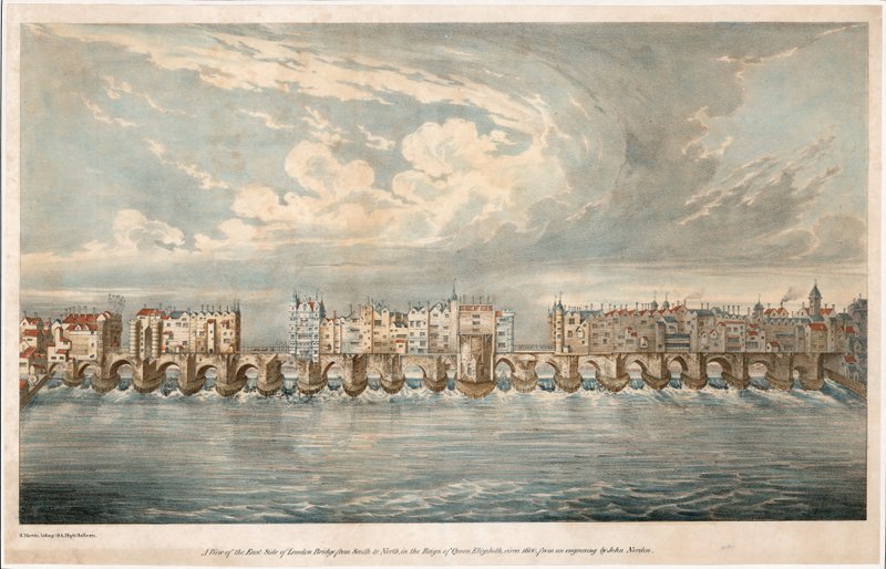 Vista del lado este del viejo Puente de Londres en el reinado de la Reina Isabel I de English School