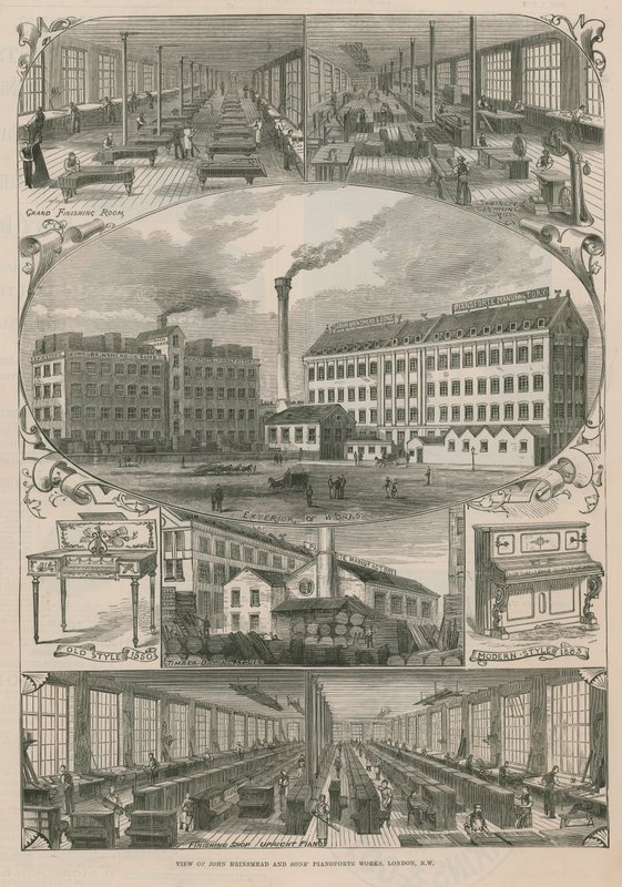 Vista de las obras de pianos de John Brinsmead and Sons de English School