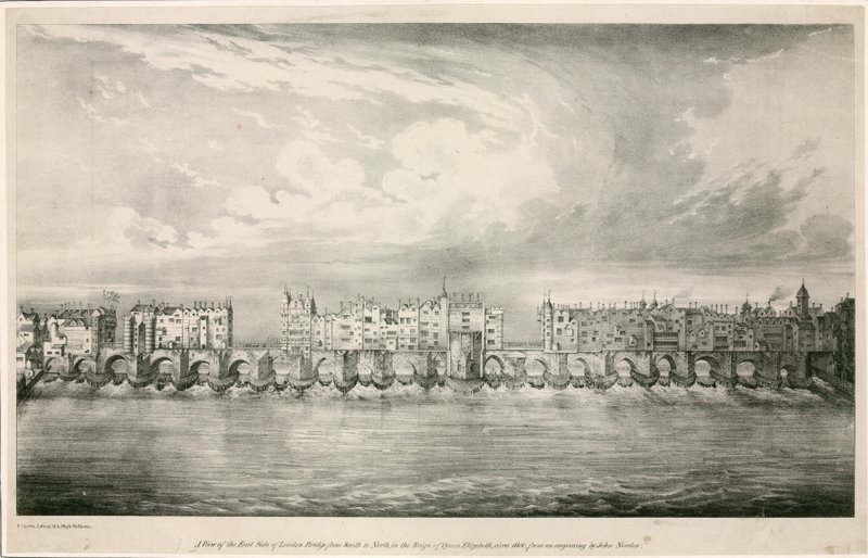 Vista del antiguo Puente de Londres en el reinado de la reina Isabel I de English School