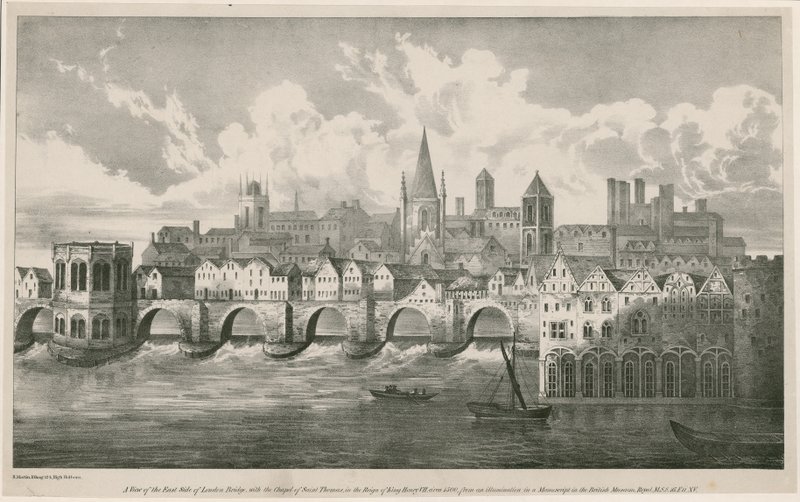 Vista del antiguo Puente de Londres en el reinado del rey Enrique VII, circa 1500 de English School