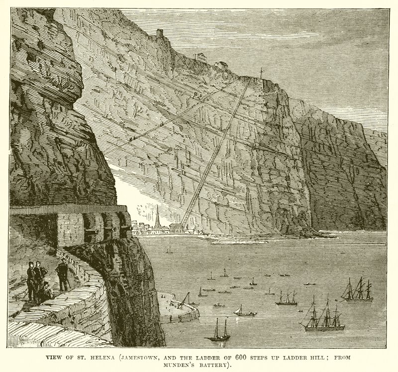 Vista de Santa Elena (Jamestown y la escalera de 600 escalones en Ladder Hill; desde la batería de Mundens) de English School