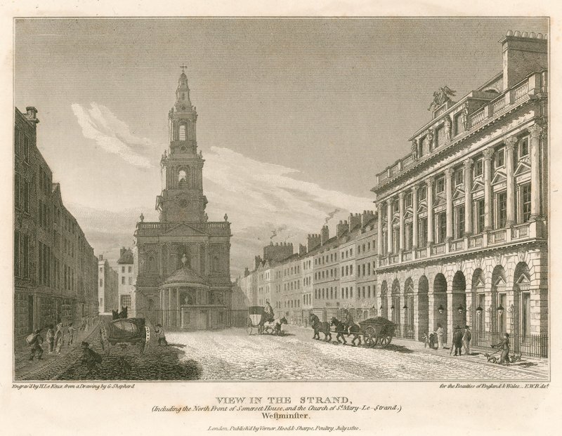 Vista de The Strand, incluyendo el frente norte de Somerset House y la Iglesia de St Mary-Le-Strand, Westminster, Londres de English School