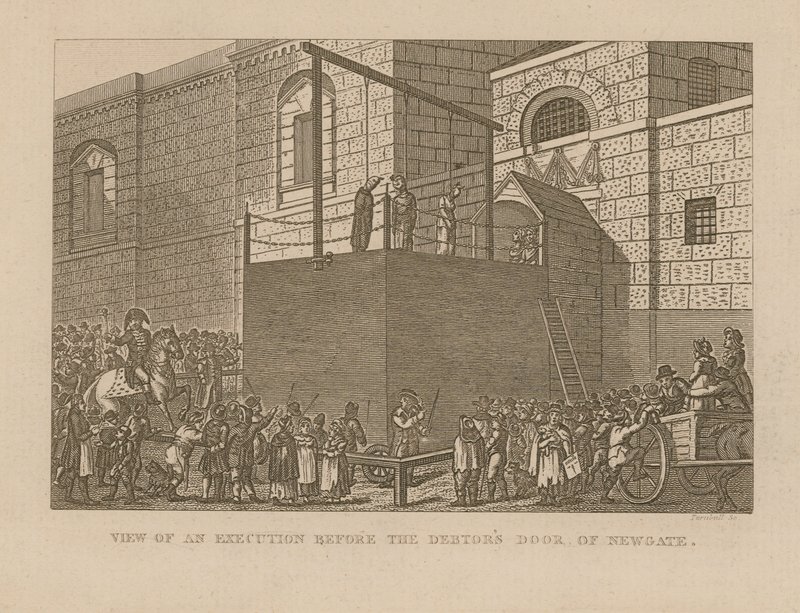 Vista de una ejecución frente a la puerta de los deudores de Newgate de English School