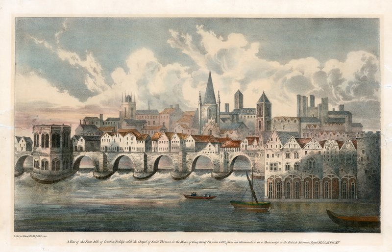 Vista del lado este del Puente de Londres antiguo desde BM Royal MSS de English School