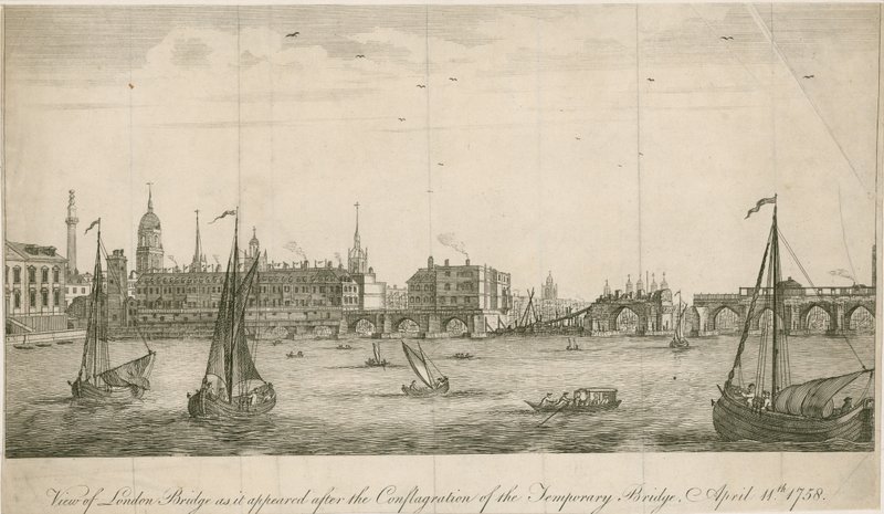 Vista del viejo Puente de Londres como apareció después del incendio de 1758 de English School