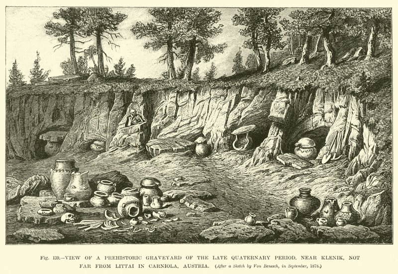 Vista del cementerio prehistórico del período Cuaternario Tardío, cerca de Klenik, no lejos de Littai en Carniola, Austria de English School