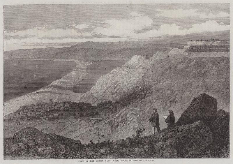 Vista del Banco Chesil, desde Portland Heights (grabado) de English School
