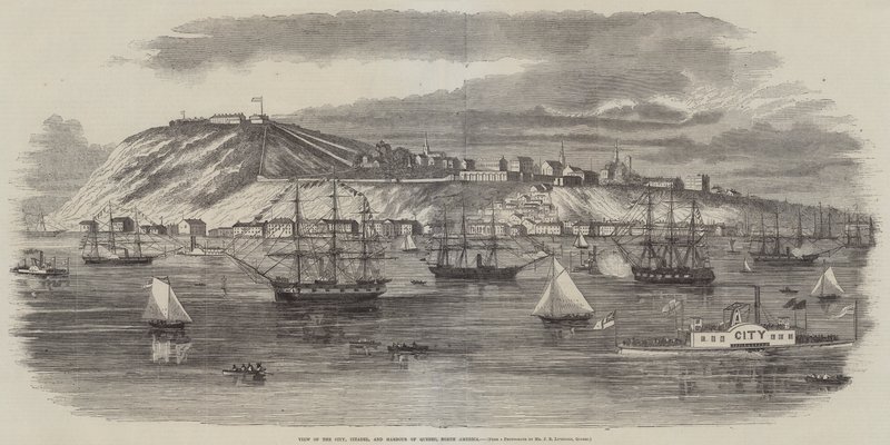 Vista de la ciudad, la ciudadela y el puerto de Quebec, Norteamérica (grabado) de English School