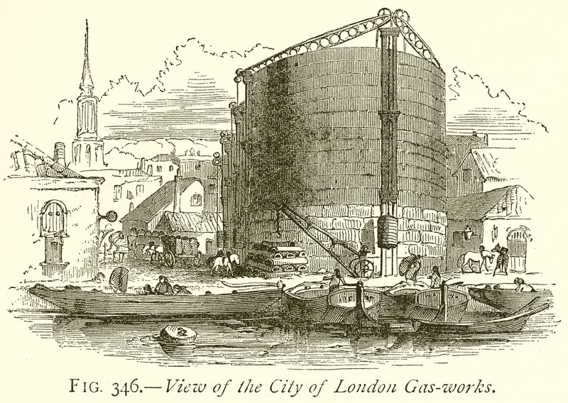 Vista de la ciudad de Londres, fábricas de gas de English School