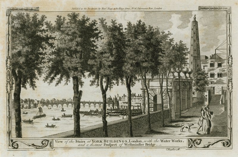 Vista de las Escaleras de los Edificios de York, Londres con las Obras de Agua, y la vista distante del Puente de Westminster de English School