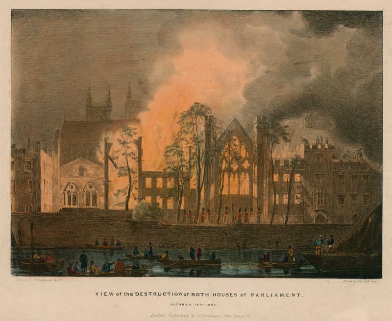 Vista de la Destrucción de Ambas Casas del Parlamento, 16 de Octubre de 1834 de English School