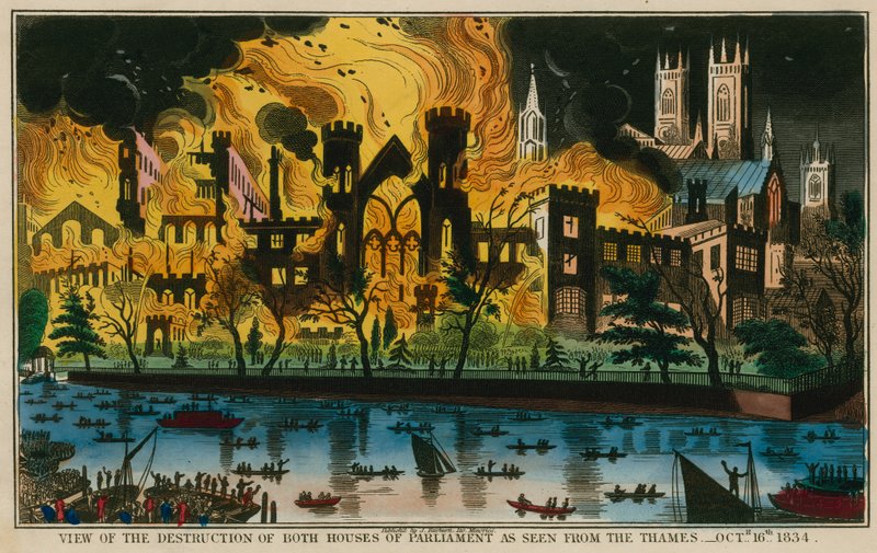 Vista de la Destrucción de Ambas Casas del Parlamento Vista desde el Támesis, 16 de Octubre de 1834 de English School