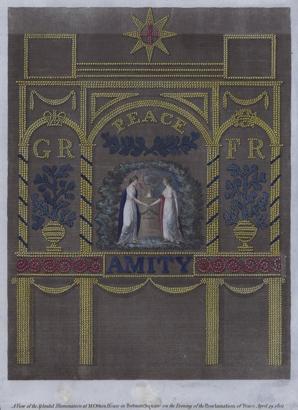 Vista de la espléndida iluminación en la casa de M Otto en Portman Square, Londres, en la noche de la proclamación de la paz, 29 de abril de 1802 de English School
