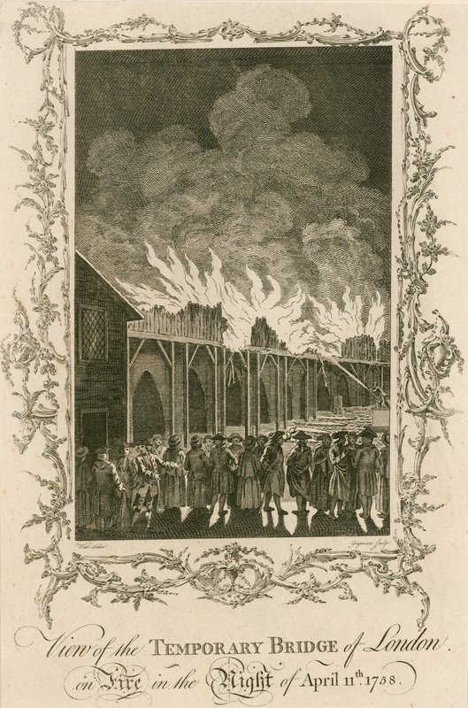 Vista del puente temporal de Londres en llamas en la noche del 11 de abril de 1758 de English School