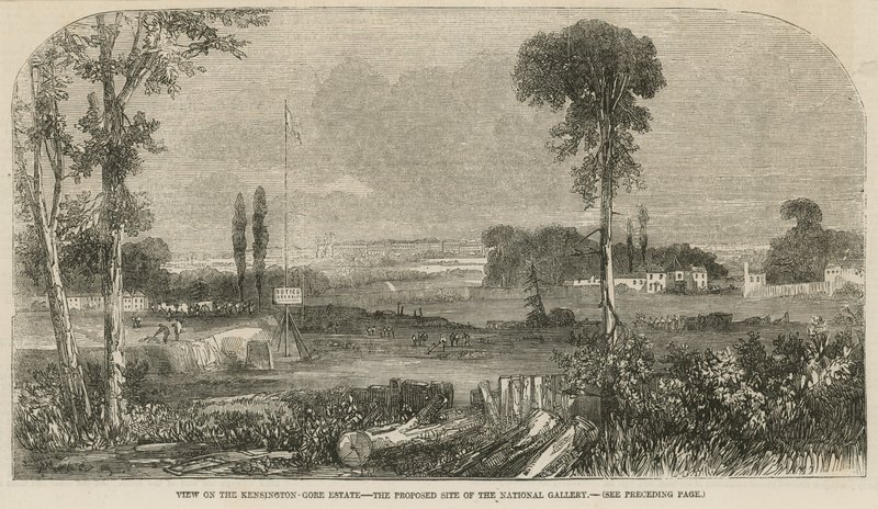 Vista en la finca Kensington Gore, el sitio propuesto de la Galería Nacional de English School