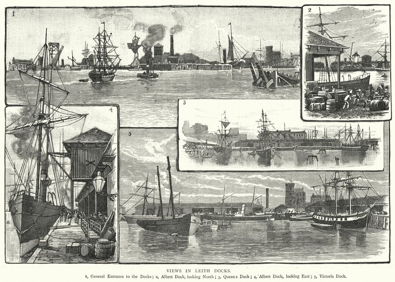 Vistas en los muelles de Leith (grabado) de English School
