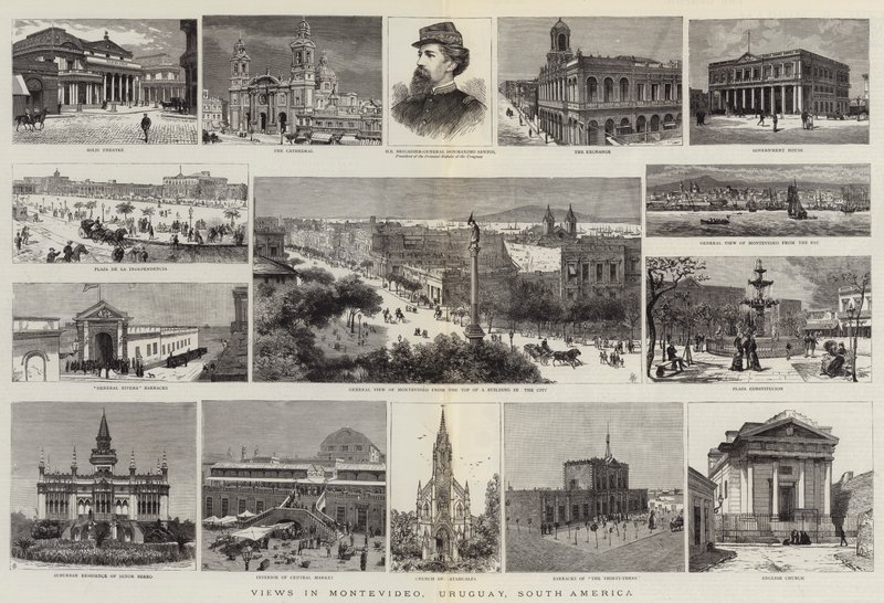 Vistas en Montevideo, Uruguay, América del Sur (grabado) de English School